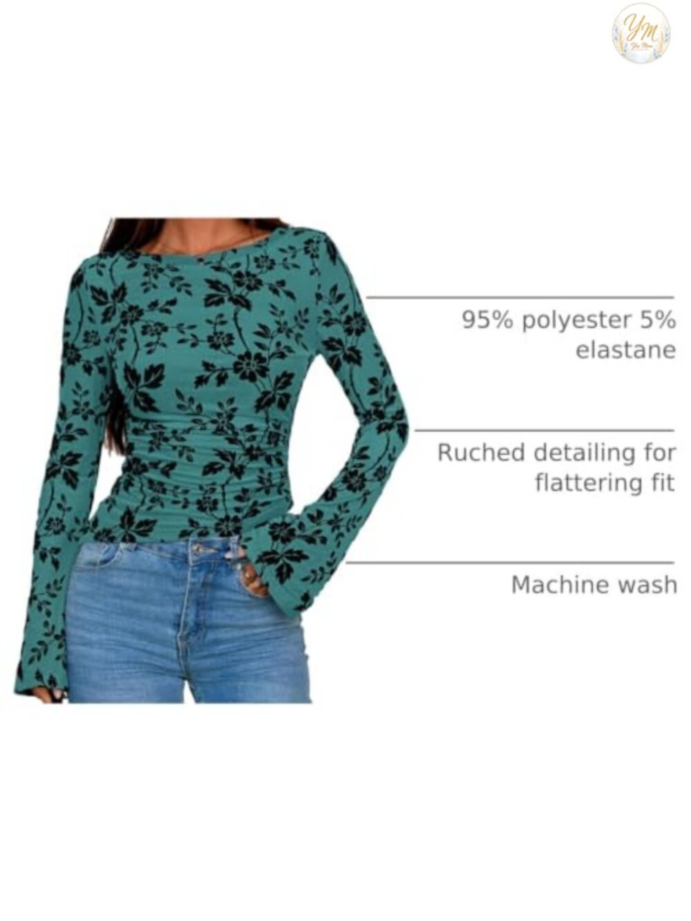 Women's Floral Mesh Boho Bell Sleeve Blouse Boat Neck Ruched Top - Picture 3 of 6